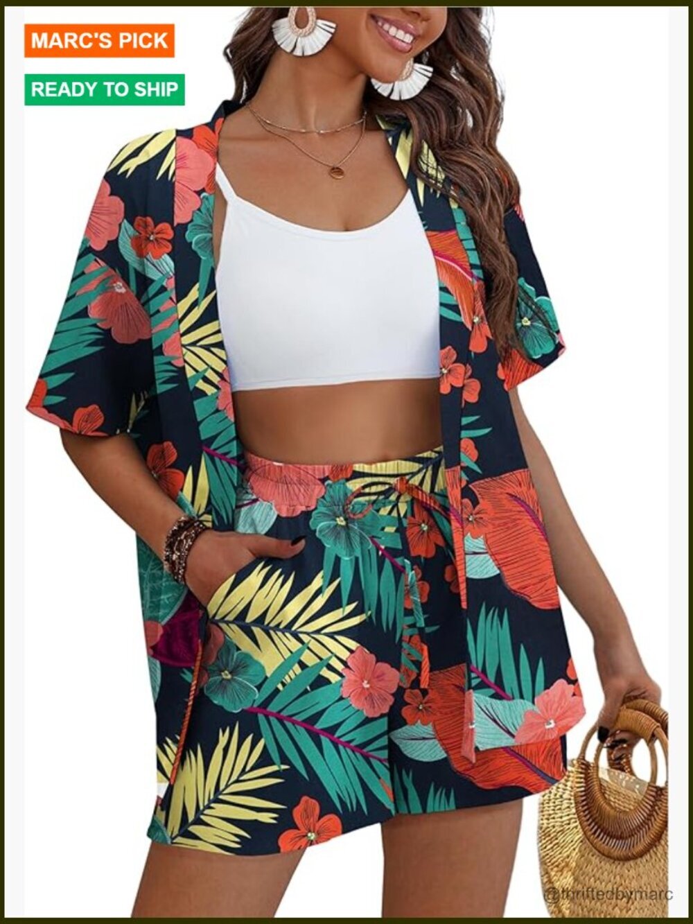 Women's 2 Piece Hawaiian Outfit Swimsuit Cover Up Kimono Beach Set with Shorts
